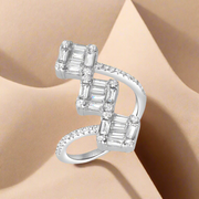A sterling silver ring with multiple rows of cubic zirconia stones, designed in an open band style.
